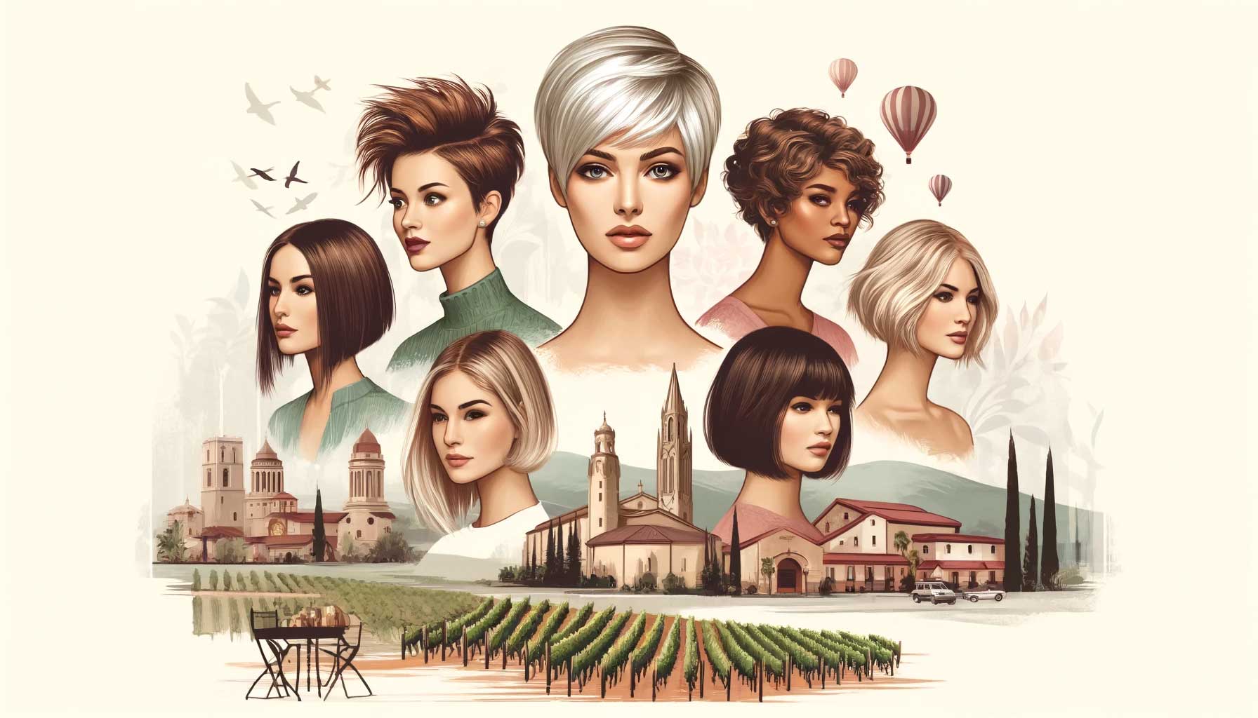 A mix of short hairstyles above a Temecula winery