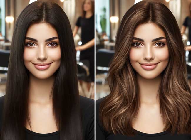 Before and after: Subtle caramel highlights on dark brown hair color.