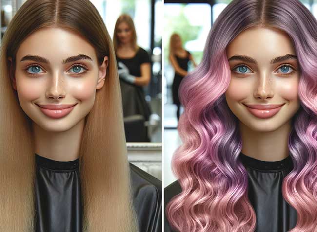 Before and after: A creative blend of pastel pink and purple hair colors, creating a whimsical and eye-catching look.